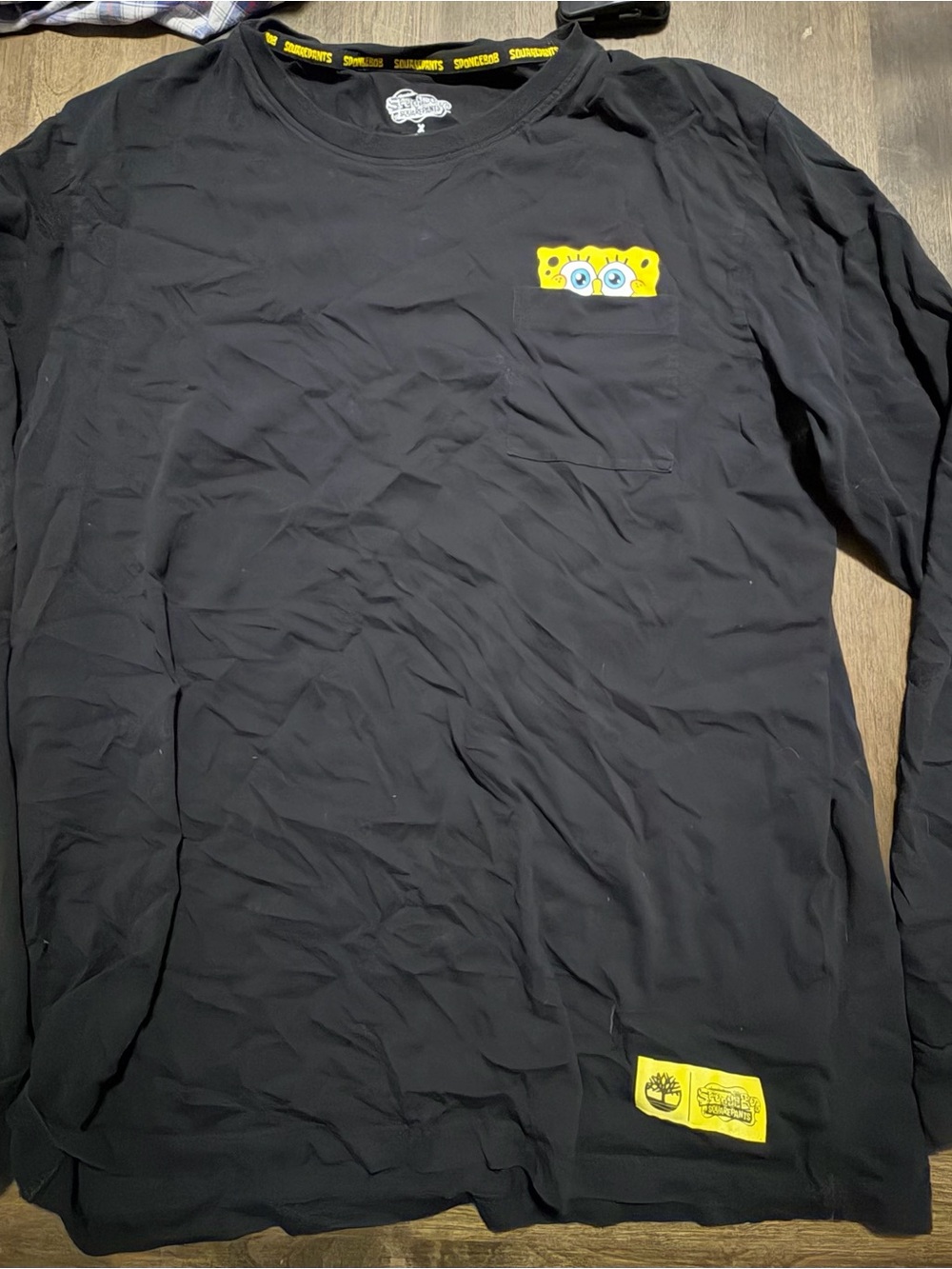 Timberland Black Long Sleeve Tee with Yellow SpongeBob Chest Detail